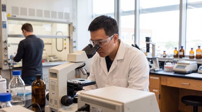 A scientist looking through a microscope in a laboratory