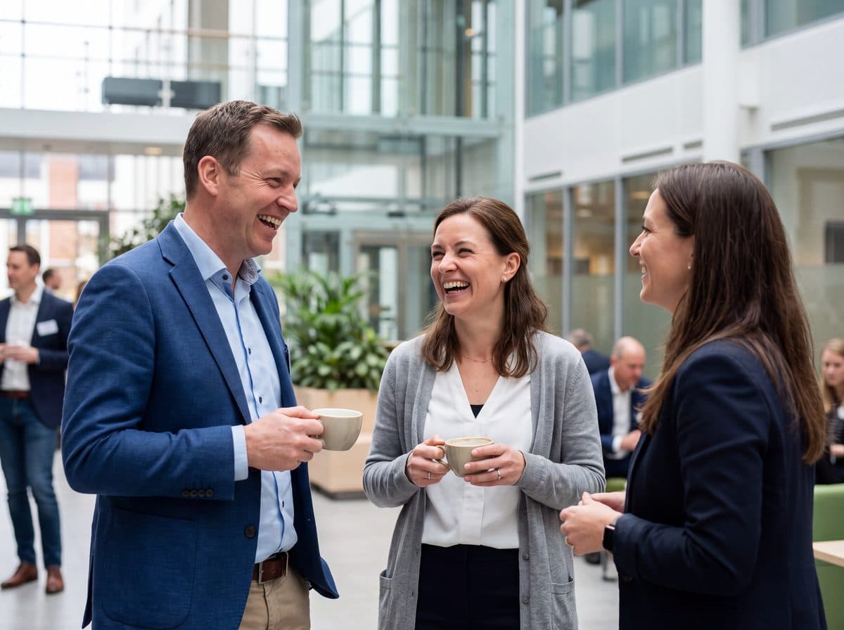 Colleagues talking at an office event