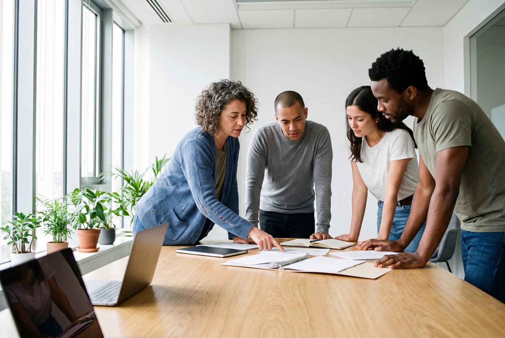 Colleagues working through documents at a shared table