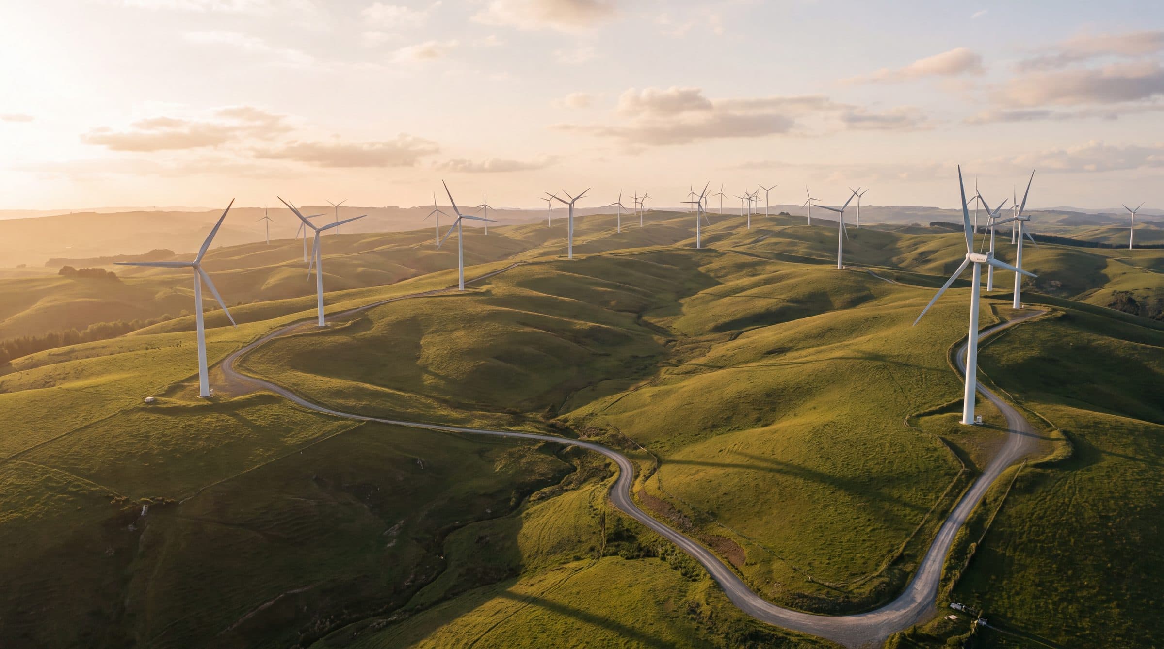 Wind farm on rolling hills at golden hour