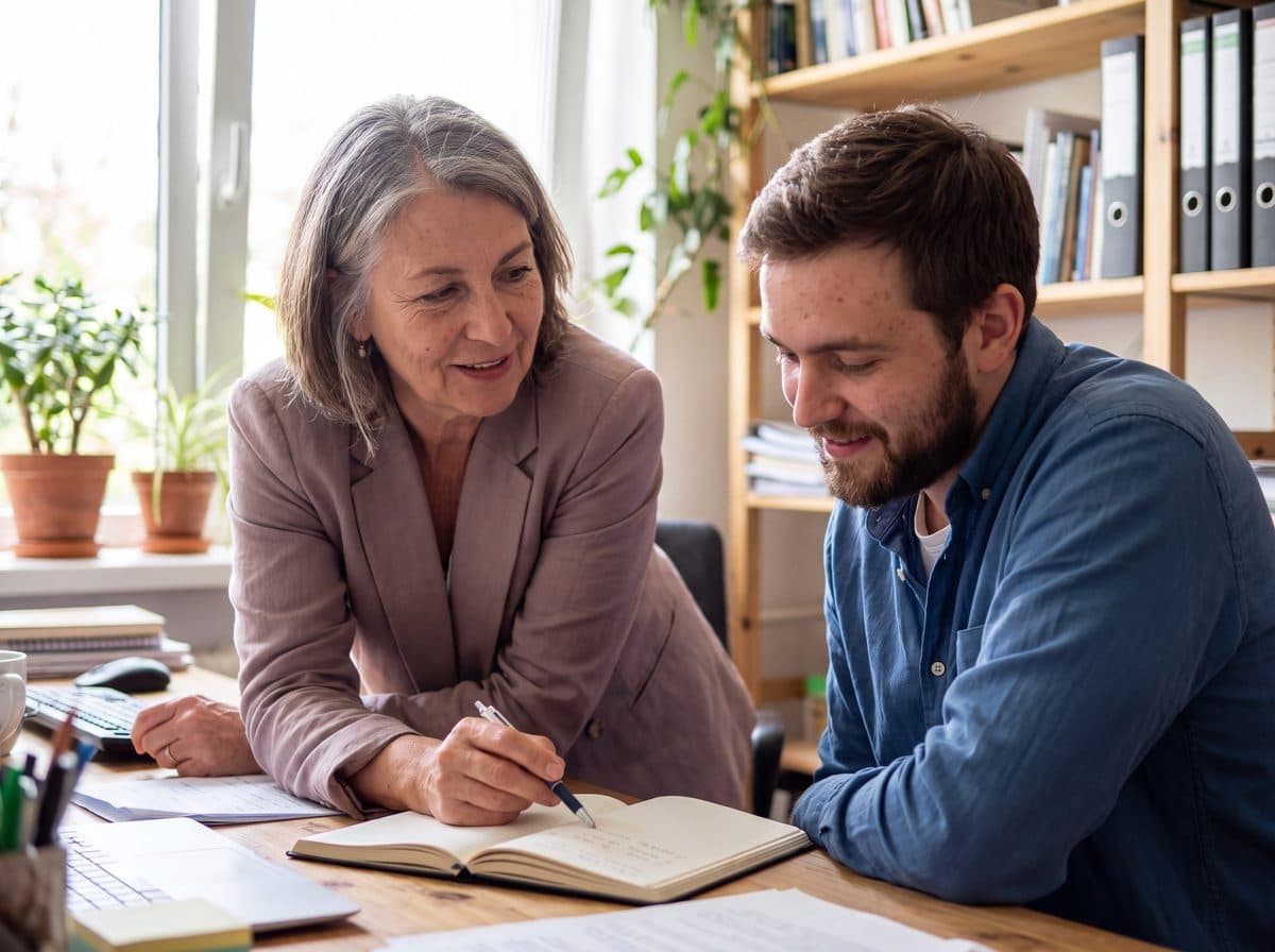 An experienced colleague guiding a younger colleague through notes at a desk