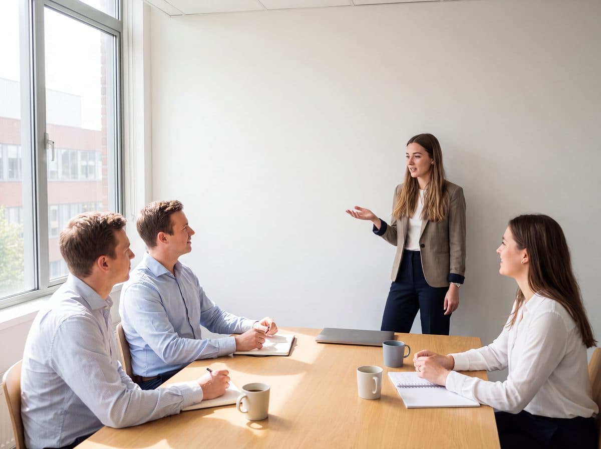 A colleague presenting to three others around a meeting table