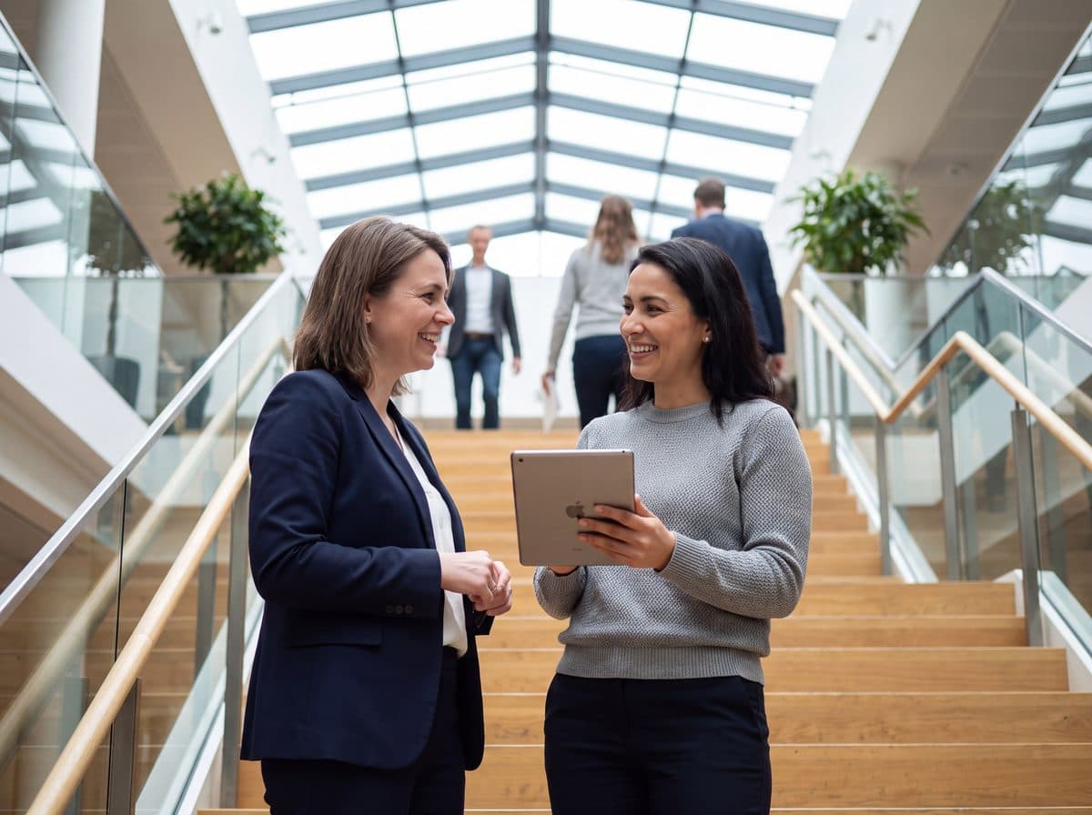 Two colleagues talking on an office staircase, one holding a tablet