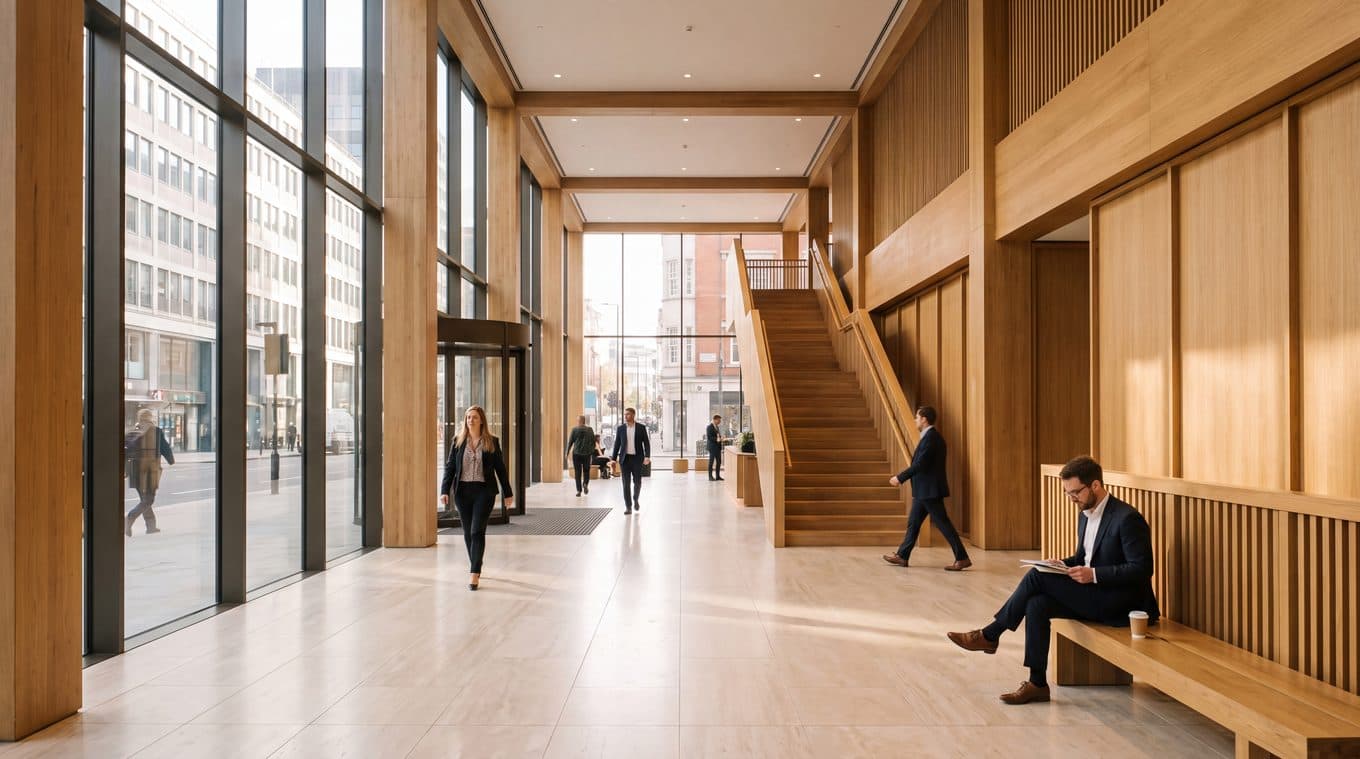 A timber-lined office lobby with a staircase