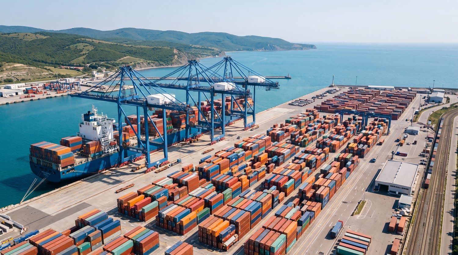 Aerial view of a container port with cranes and a cargo ship