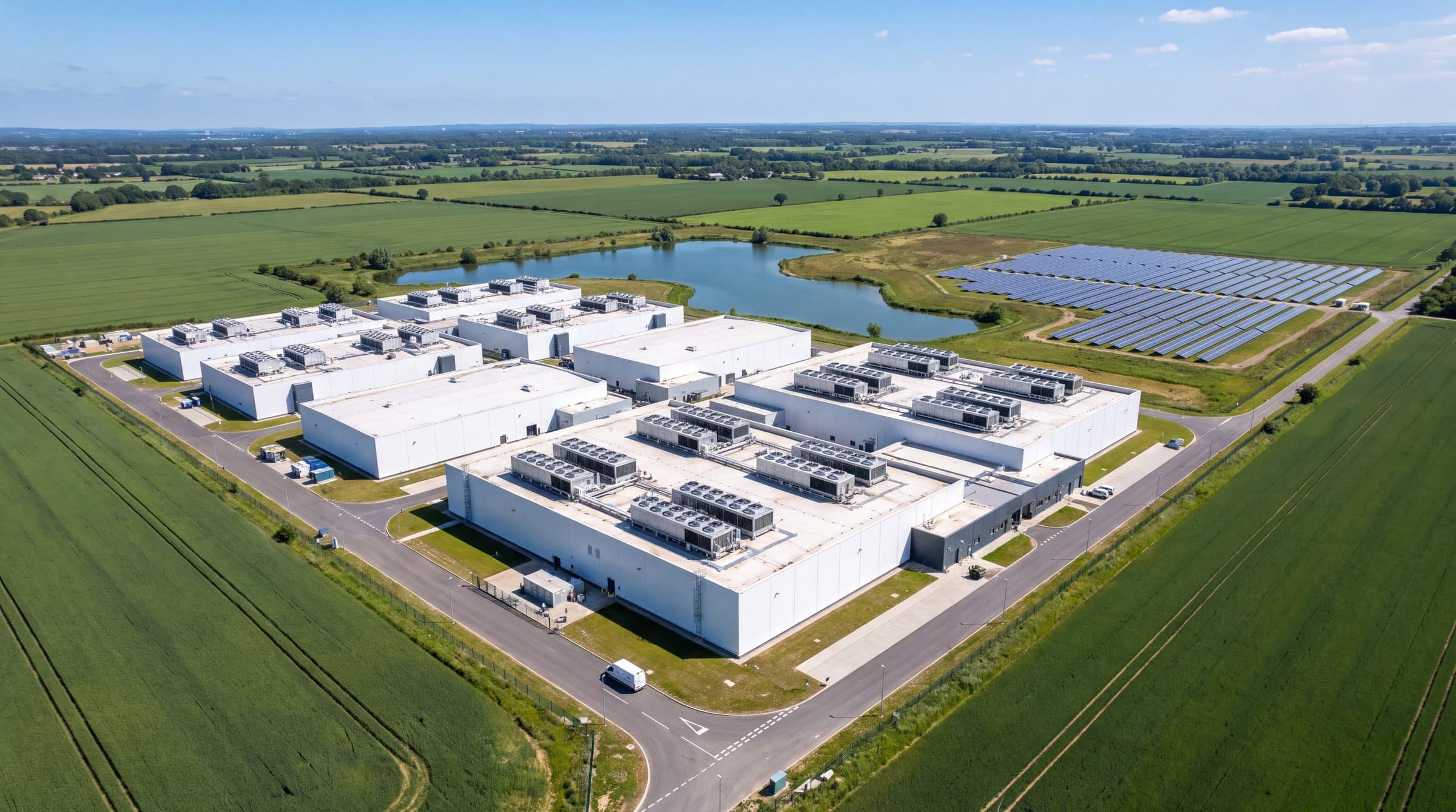 Aerial view of a data centre campus surrounded by fields and solar panels