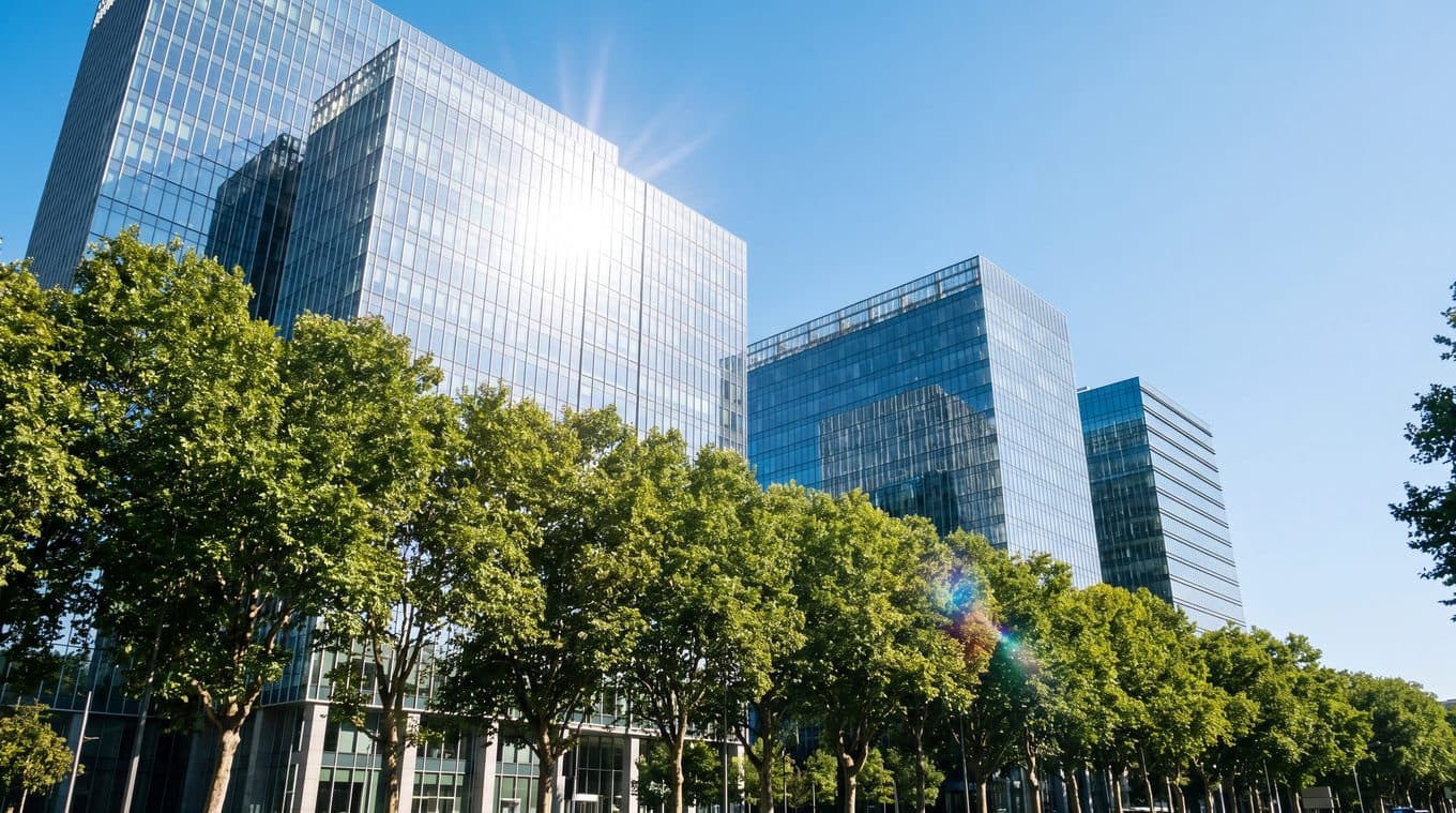Glass office towers above a row of trees