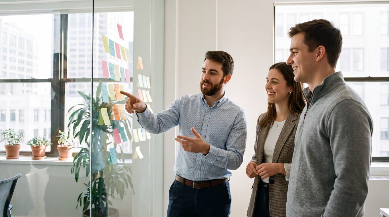 Three colleagues discussing notes on a glass wall