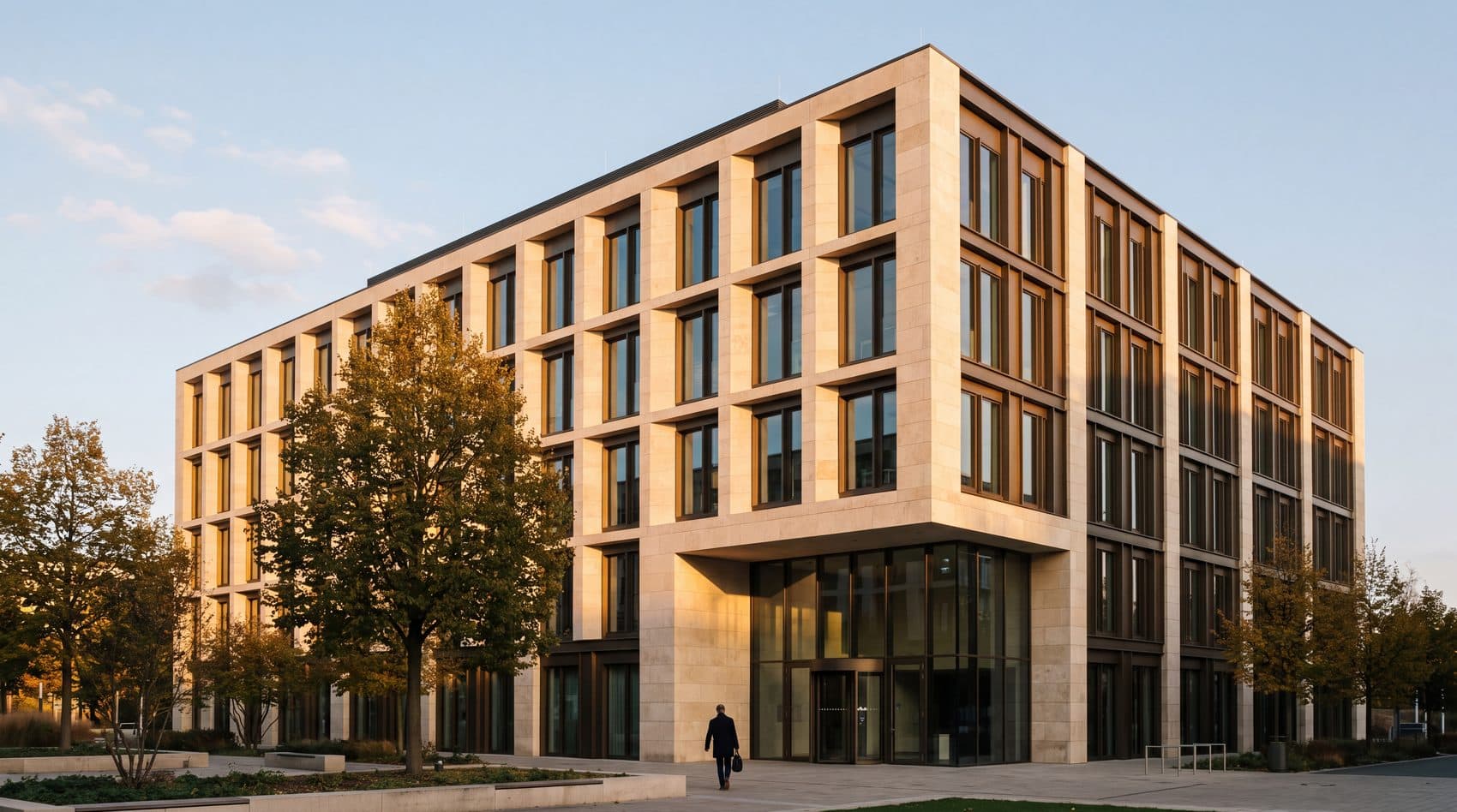 A stone-clad office building in evening light