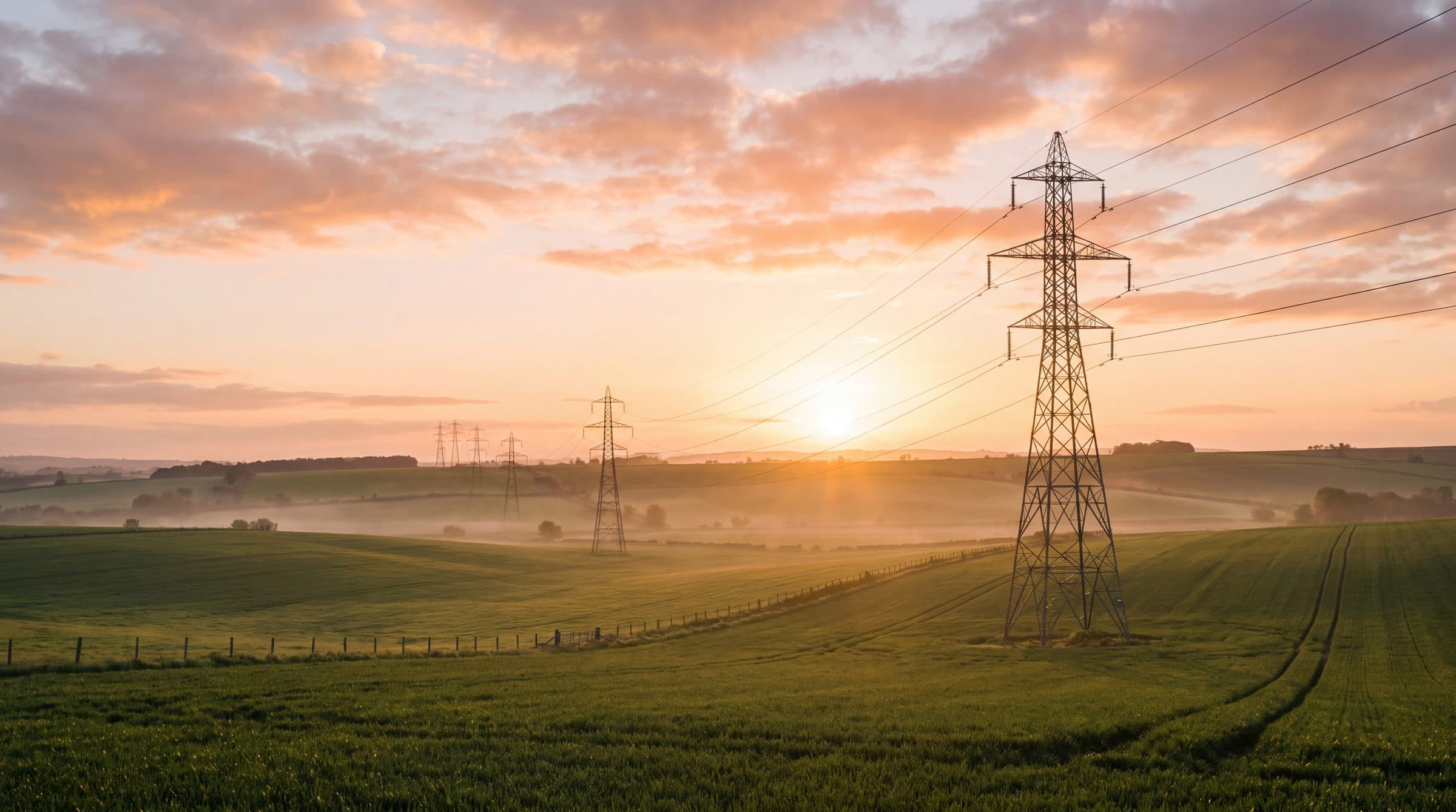 Electricity transmission towers across farmland at sunrise